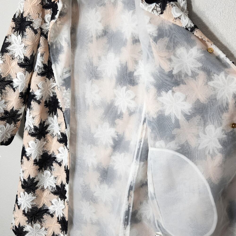 Kate Spade Floral Print Trench Coat Black Cream Size L Modern Classic - Picture 7 of 10